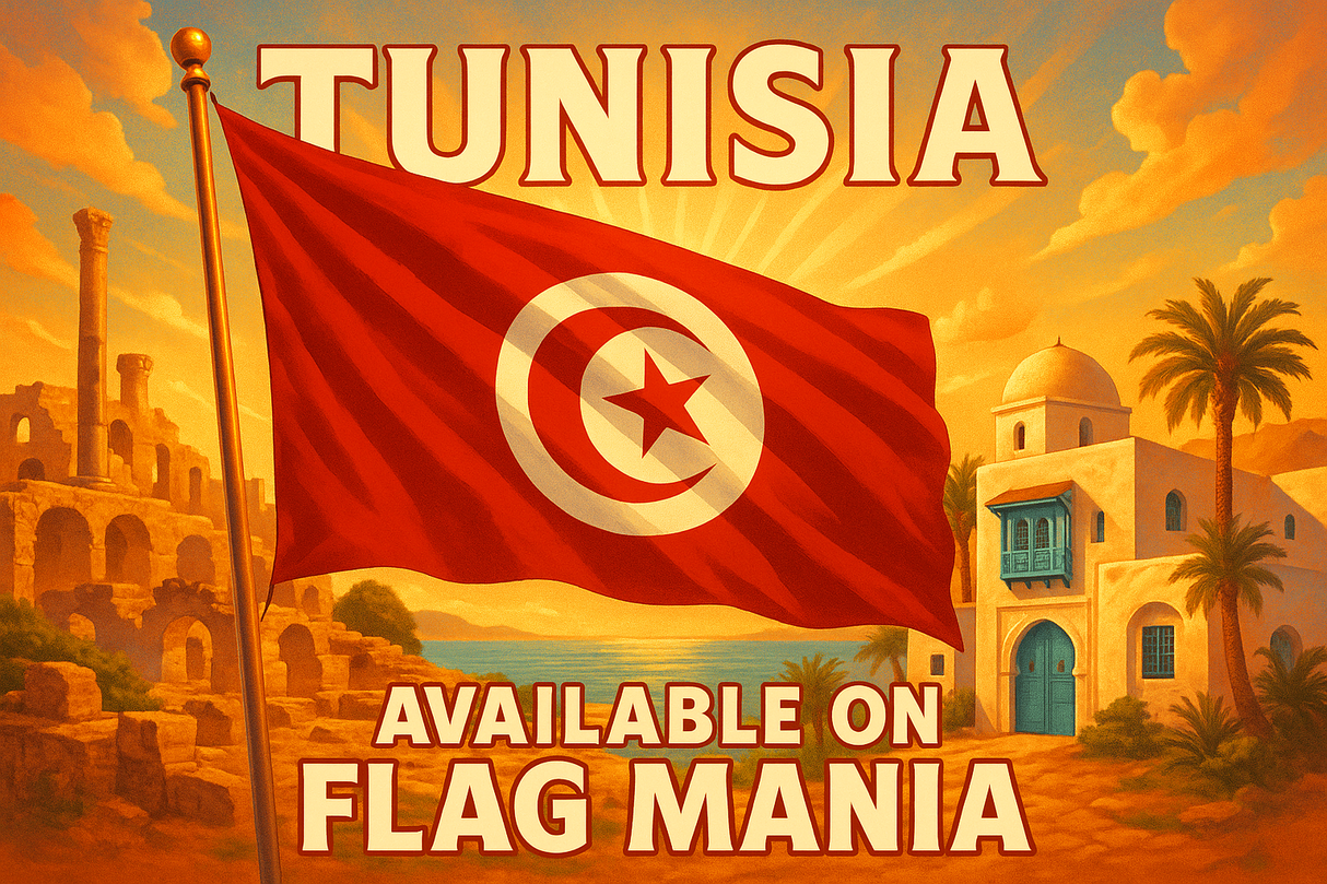 crea un immagine che esalta la Tunisia. Inserisci la bandiera e scrivi available on FLAG MANIA