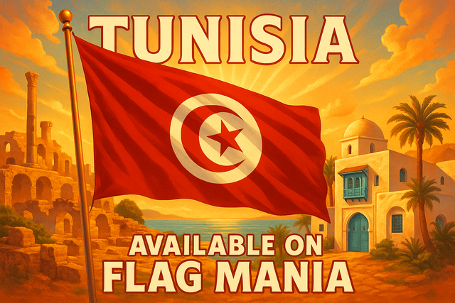 crea un immagine che esalta la Tunisia. Inserisci la bandiera e scrivi available on FLAG MANIA