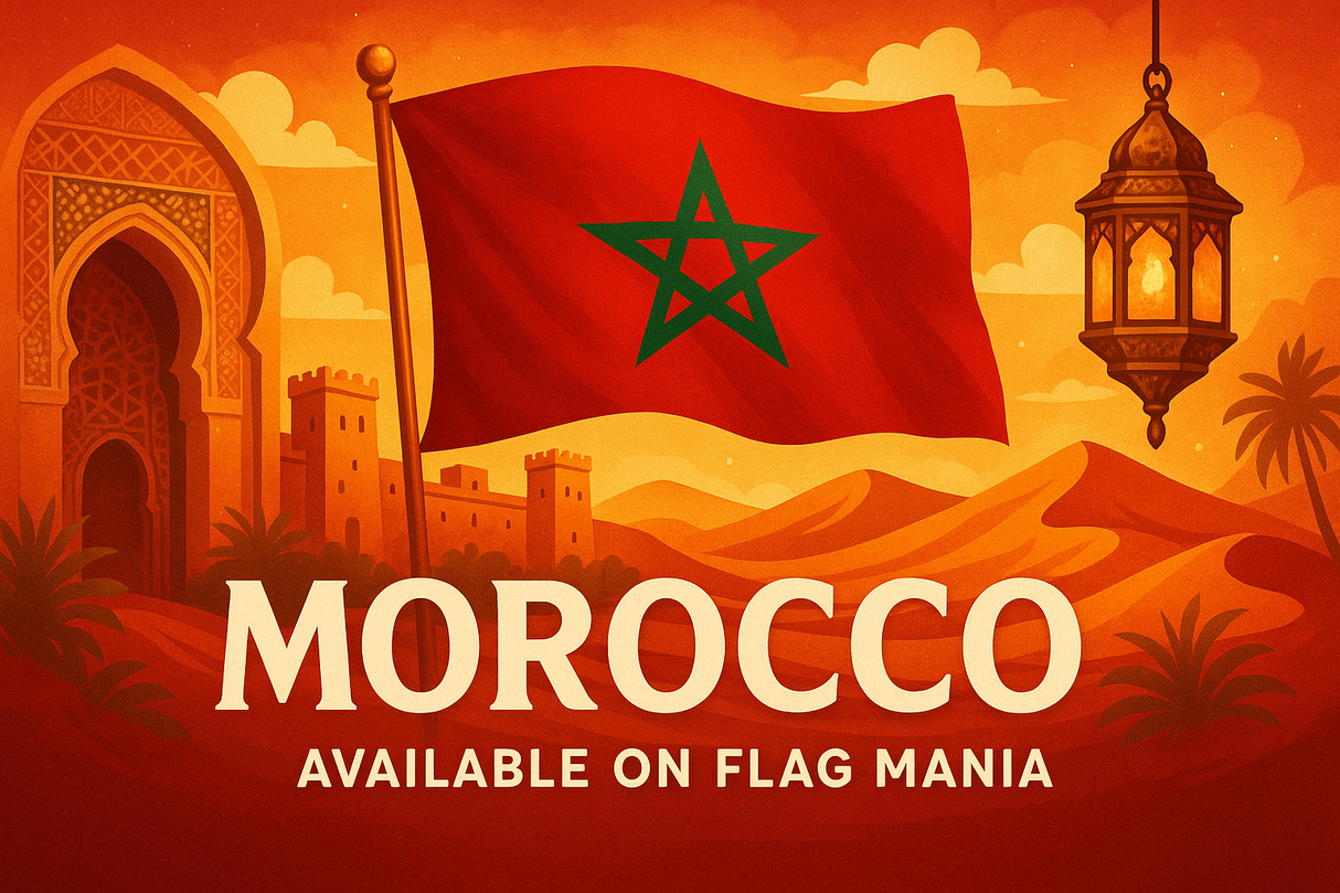 crea un immagine che esalti il MOROCCO. Inserisci la bandiera e scrivi available on FLAG MANIA