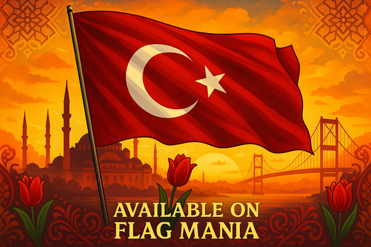 crea un immagine che esalti la TURCHIA. Inserisci la bandiera e altre immagini e scrivi available on FLAG MANIA