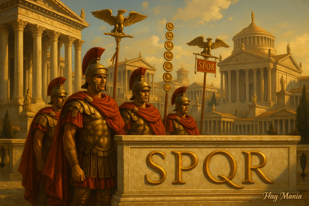 crea un immagine che esalti l'antica roma e il suo impero. Inserisci la scritta SPQR e in piccolo Flag Mania