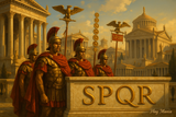 crea un immagine che esalti l'antica roma e il suo impero. Inserisci la scritta SPQR e in piccolo Flag Mania