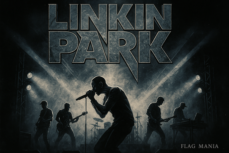 Crea un immagine con la scritta LINKIN PARK, aggiungendo un immagine del gruppo musicale. Aggiungi più piccola la scritta FLAG MANIA