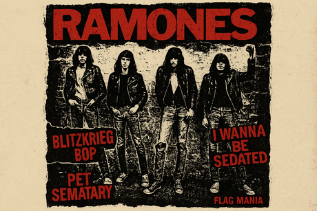Crea un immagine con una foto vera del gruppo musicale dei RAMONES aggiungendo la scritta del nome e qualche hit. Aggiungi più piccola la scritta FLAG MANIA
