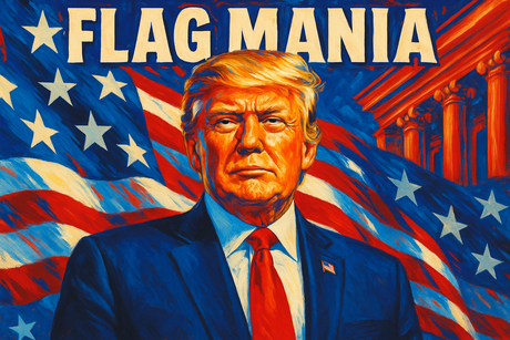 crea un immagine dai colori vivaci di DONALD TRUMP - Aggiungi la scritta FLAG MANIA