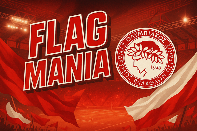 crea un immagine in 3:2 sull' OLYMPIAKOS ATHENS. Inserisci il logo e aggiungi la scritta FLAG MANIA