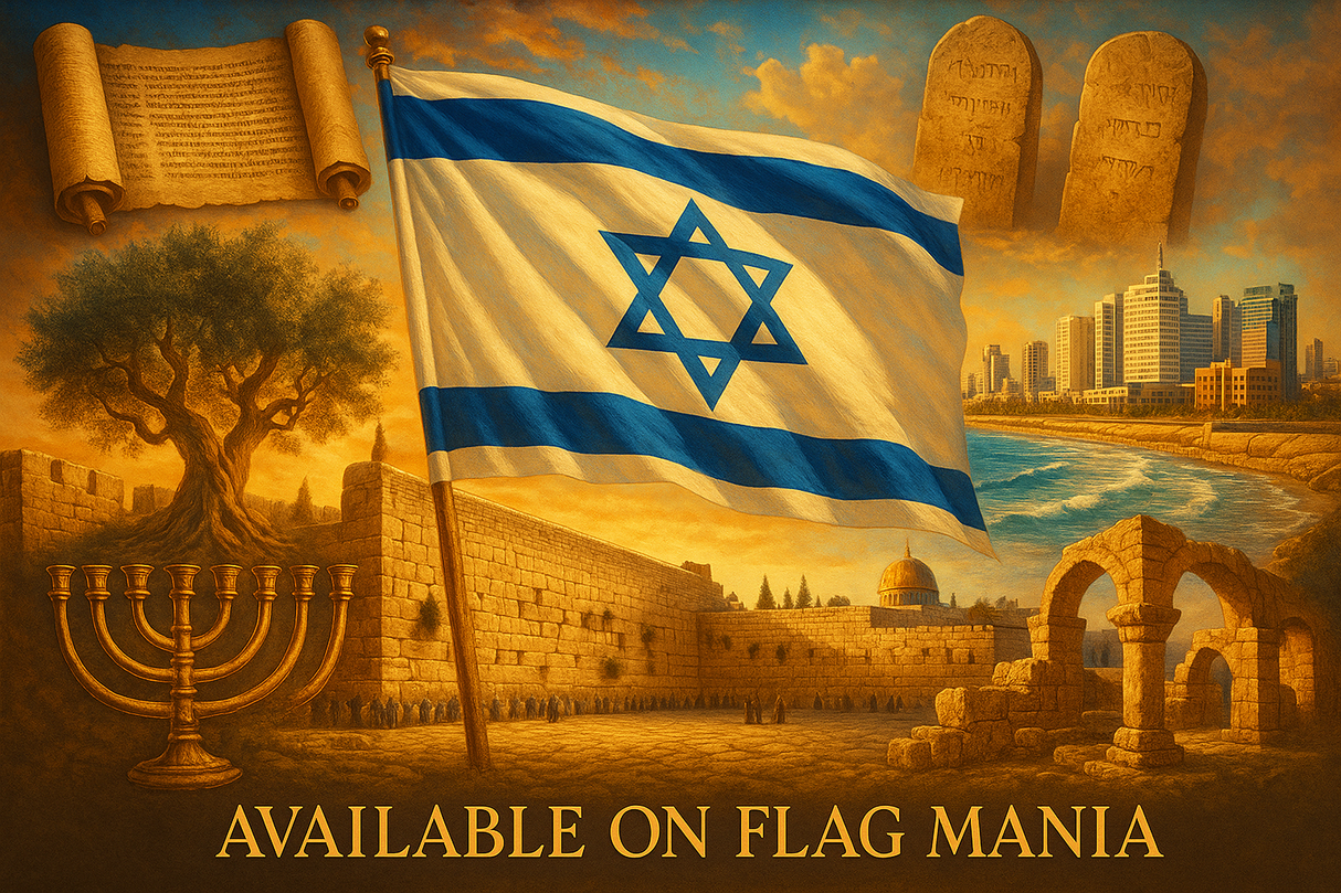 crea un mix di immagini che esalti ISRAELE e la sua storia. Inserisci la bandiera e altre immagini e scrivi available on FLAG MANIA