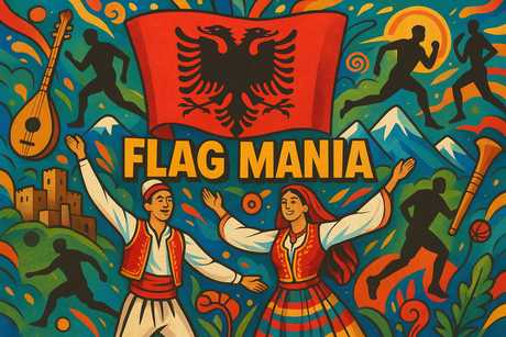 crea un mix di immagini dai colori vivaci che esalti ALBANIA con le sue tradizioni, storia, eroi sportivi Inserisci la bandiera e aggiungi la scritta FLAG MANIA