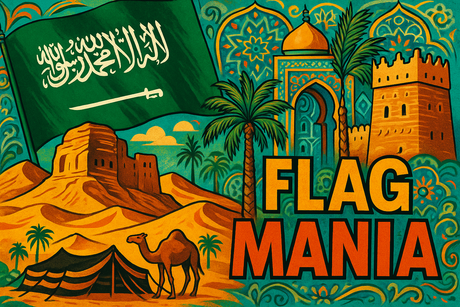 crea un mix di immagini dai colori vivaci che esalti ARABIA SAUDITA e la sua storia. Inserisci la bandiera e altre immagini e aggiungi la scritta FLAG MANIA