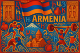 crea un mix di immagini dai colori vivaci che esalti ARMENIA con le sue tradizioni, storia, immagini vere di eroi sportivi Inserisci la bandiera e aggiungi la scritta FLAG MANIA