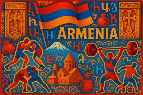 crea un mix di immagini dai colori vivaci che esalti ARMENIA con le sue tradizioni, storia, immagini vere di eroi sportivi Inserisci la bandiera e aggiungi la scritta FLAG MANIA