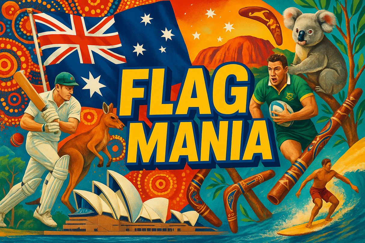 crea un mix di immagini dai colori vivaci che esalti AUSTRALIA con le sue tradizioni, storia, eroi sportivi. Inserisci la bandiera e altre immagini e aggiungi la scritta FLAG MANIA