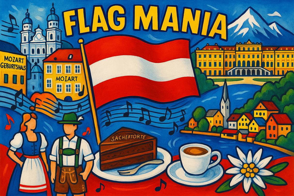 crea un mix di immagini dai colori vivaci che esalti AUSTRIA e la sua storia. Inserisci la bandiera e altre immagini e aggiungi la scritta FLAG MANIA