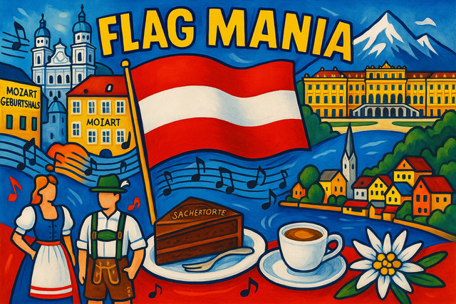 crea un mix di immagini dai colori vivaci che esalti AUSTRIA e la sua storia. Inserisci la bandiera e altre immagini e aggiungi la scritta FLAG MANIA