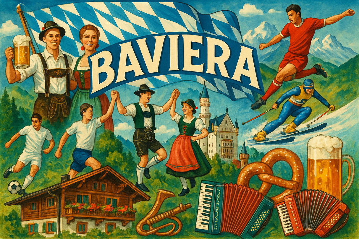crea un mix di immagini dai colori vivaci che esalti BAVIERA con le sue tradizioni, storia, eroi sportivi Inserisci la bandiera e aggiungi la scritta FLAG MANIA