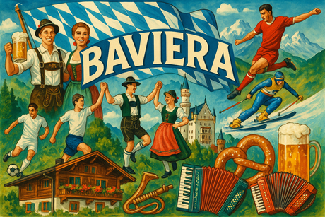 crea un mix di immagini dai colori vivaci che esalti BAVIERA con le sue tradizioni, storia, eroi sportivi Inserisci la bandiera e aggiungi la scritta FLAG MANIA