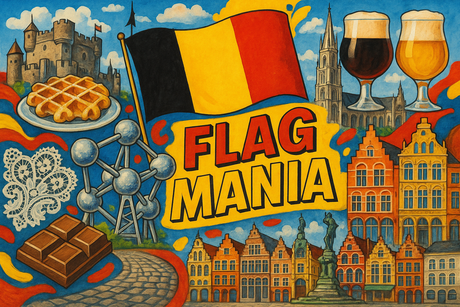 crea un mix di immagini dai colori vivaci che esalti BELGIO e la sua storia. Inserisci la bandiera e altre immagini e aggiungi la scritta FLAG MANIA