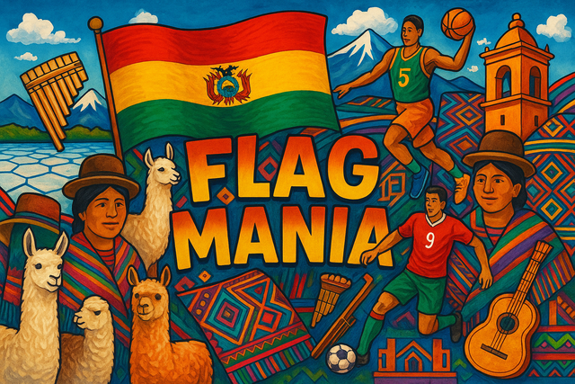 crea un mix di immagini dai colori vivaci che esalti BOLIVIA con le sue tradizioni, storia, eroi sportivi Inserisci la bandiera e aggiungi la scritta FLAG MANIA