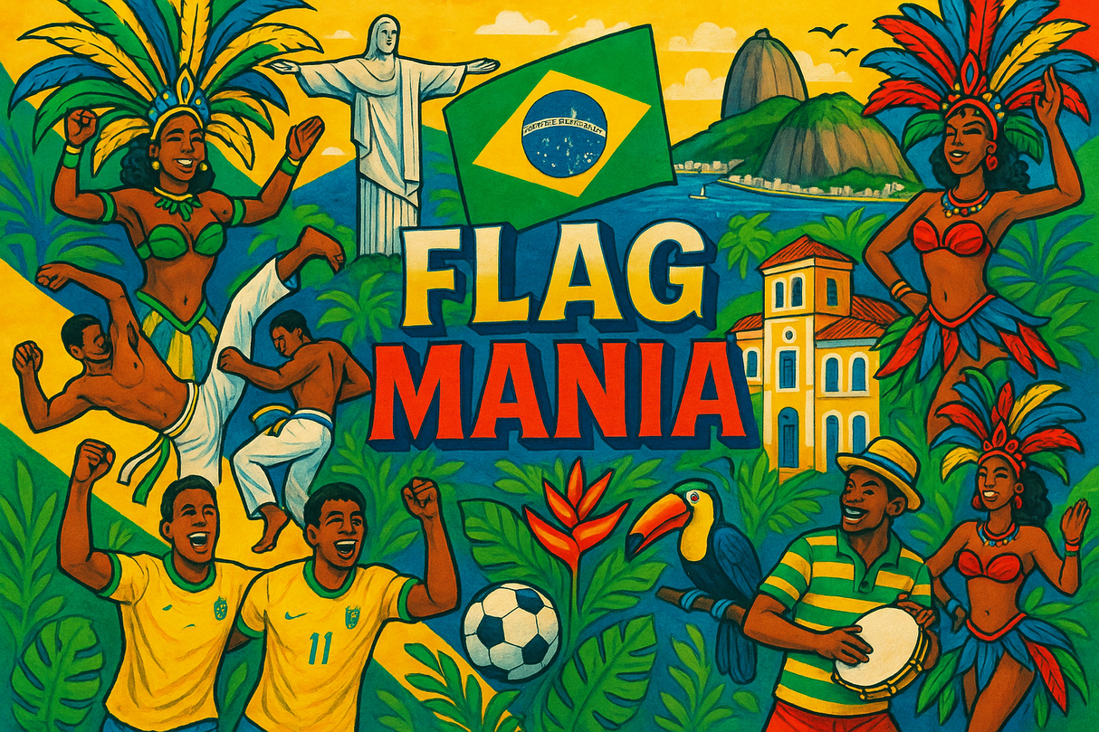 crea un mix di immagini dai colori vivaci che esalti BRASILE con le sue tradizioni, storia, eroi sportivi Inserisci la bandiera e aggiungi la scritta FLAG MANIA