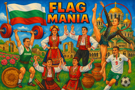 crea un mix di immagini dai colori vivaci che esalti BULGARIA con le sue tradizioni, storia, immagini vere di eroi sportivi Inserisci la bandiera e aggiungi la scritta FLAG MANIA