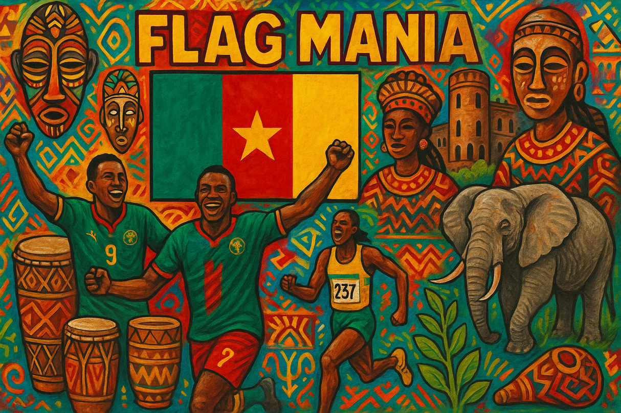crea un mix di immagini dai colori vivaci che esalti CAMEROON con le sue tradizioni, storia, eroi sportivi Inserisci la bandiera e aggiungi la scritta FLAG MANIA