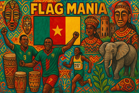 crea un mix di immagini dai colori vivaci che esalti CAMEROON con le sue tradizioni, storia, eroi sportivi Inserisci la bandiera e aggiungi la scritta FLAG MANIA
