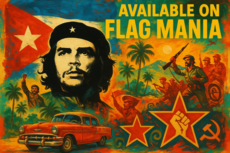 crea un mix di immagini dai colori vivaci che esalti CHE GUEVARA e la sua storia. Inserisci la bandiera e altre immagini e scrivi available on FLAG MANIA
