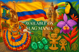 crea un mix di immagini dai colori vivaci che esalti COLOMBIA e la sua storia. Inserisci la bandiera e altre immagini e scrivi available on FLAG MANIA