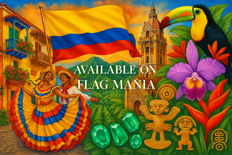 crea un mix di immagini dai colori vivaci che esalti COLOMBIA e la sua storia. Inserisci la bandiera e altre immagini e scrivi available on FLAG MANIA