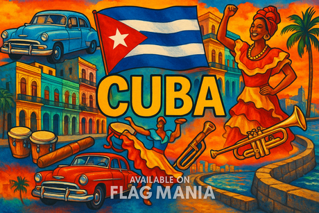 crea un mix di immagini dai colori vivaci che esalti CUBA e la sua storia. Inserisci la bandiera e altre immagini e scrivi available on FLAG MANIA

