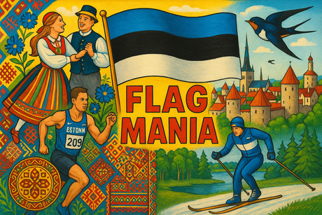 crea un mix di immagini dai colori vivaci che esalti ESTONIA con le sue tradizioni, storia, eroi sportivi Inserisci la bandiera e aggiungi la scritta FLAG MANIA