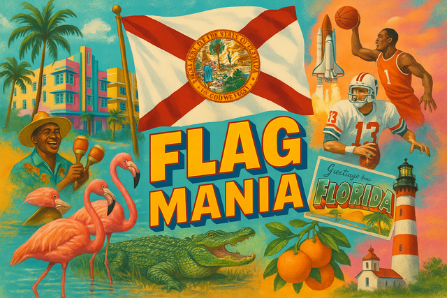 crea un mix di immagini dai colori vivaci che esalti FLORIDA con le sue tradizioni, storia, eroi sportivi Inserisci la bandiera e aggiungi la scritta FLAG MANIA