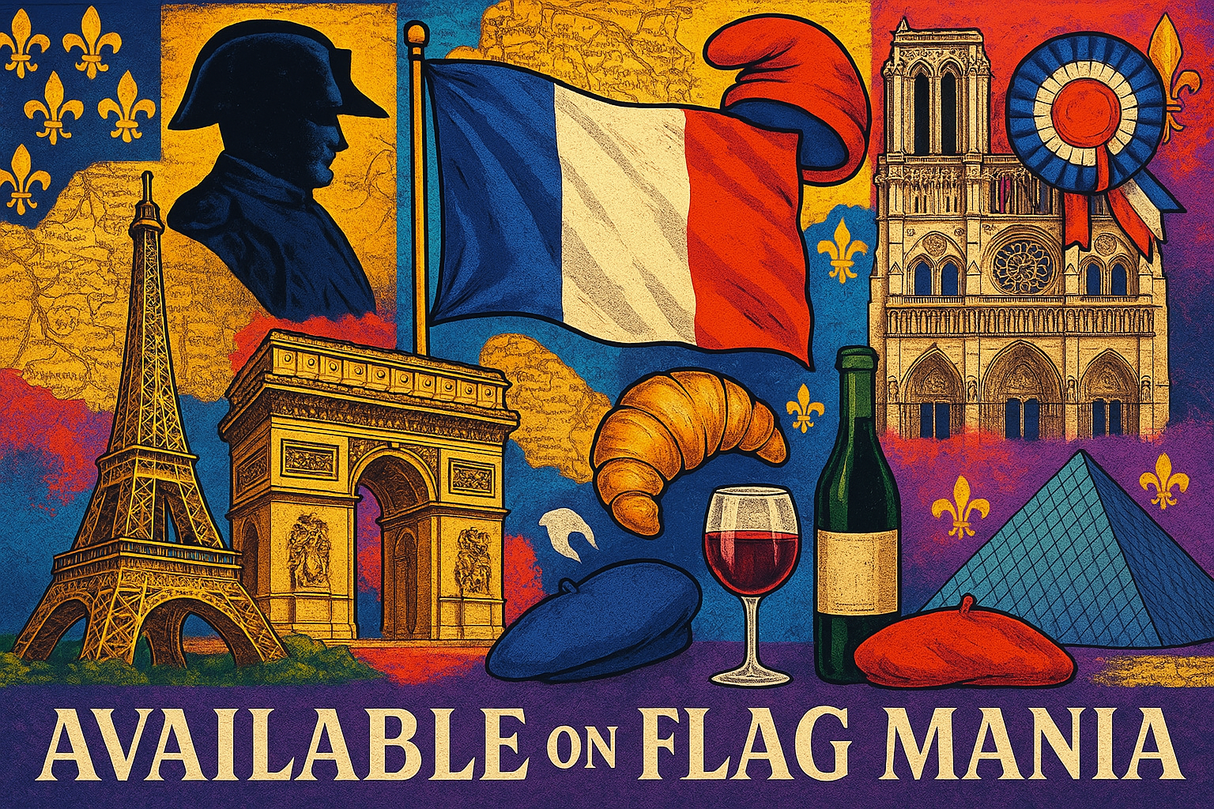 crea un mix di immagini dai colori vivaci che esalti FRANCIA e la sua storia. Inserisci la bandiera e altre immagini e scrivi available on FLAG MANIA