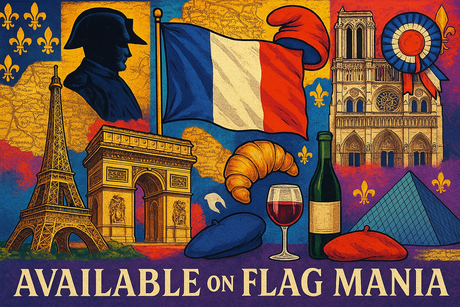 crea un mix di immagini dai colori vivaci che esalti FRANCIA e la sua storia. Inserisci la bandiera e altre immagini e scrivi available on FLAG MANIA