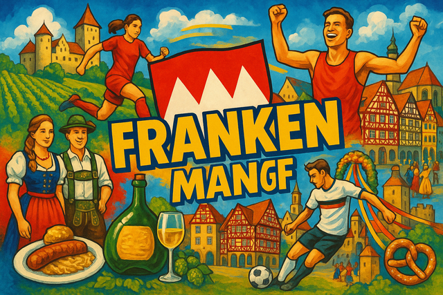 crea un mix di immagini dai colori vivaci che esalti FRANCONIA con le sue tradizioni, storia, eroi sportivi Inserisci la bandiera e aggiungi la scritta FLAG MANIA