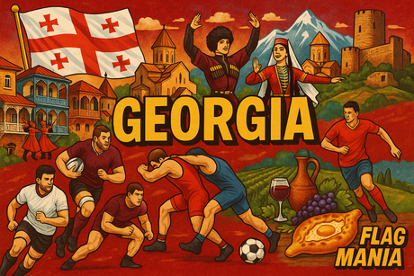crea un mix di immagini dai colori vivaci che esalti GEORGIA con le sue tradizioni, storia, immagini vere di eroi sportivi Inserisci la bandiera e aggiungi la scritta FLAG MANIA

