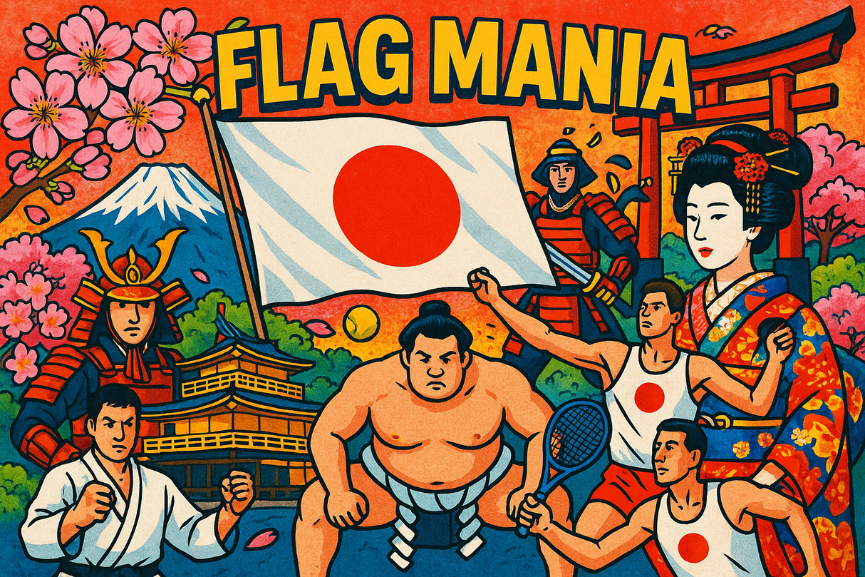 crea un mix di immagini dai colori vivaci che esalti GIAPPONE con le sue tradizioni, storia, eroi sportivi. Inserisci la bandiera e aggiungi la scritta FLAG MANIA
