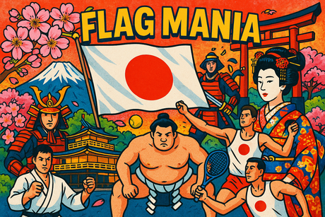 crea un mix di immagini dai colori vivaci che esalti GIAPPONE con le sue tradizioni, storia, eroi sportivi. Inserisci la bandiera e aggiungi la scritta FLAG MANIA
