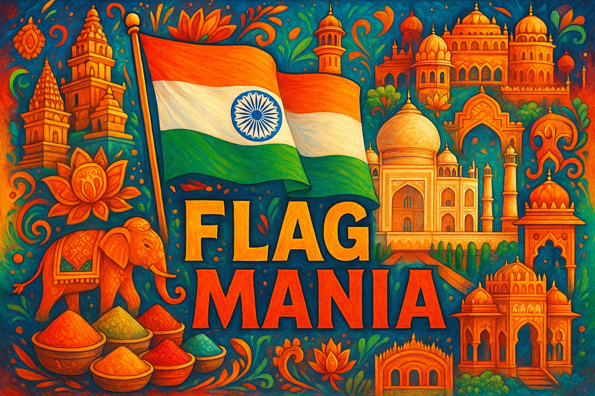 crea un mix di immagini dai colori vivaci che esalti INDIA e la sua storia. Inserisci la bandiera e altre immagini e aggiungi la scritta FLAG MANIA