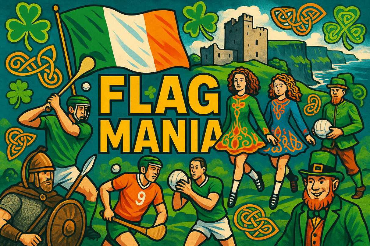 crea un mix di immagini dai colori vivaci che esalti IRLANDA con le sue tradizioni, storia, immagini vere di eroi sportivi Inserisci la bandiera e aggiungi la scritta FLAG MANIA