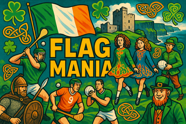 crea un mix di immagini dai colori vivaci che esalti IRLANDA con le sue tradizioni, storia, immagini vere di eroi sportivi Inserisci la bandiera e aggiungi la scritta FLAG MANIA