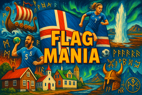 crea un mix di immagini dai colori vivaci che esalti ISLANDA con le sue tradizioni, storia, eroi sportivi. Inserisci la bandiera e aggiungi la scritta FLAG MANIA
