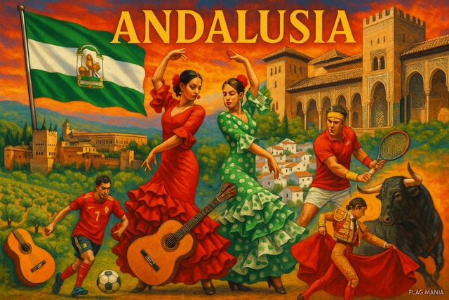 crea un mix di immagini dai colori vivaci che esalti la ANDALUSIA con le sue tradizioni, storia, eroi sportivi Inserisci la bandiera , il nome e aggiungi in piccolo la scritta FLAG MANIA