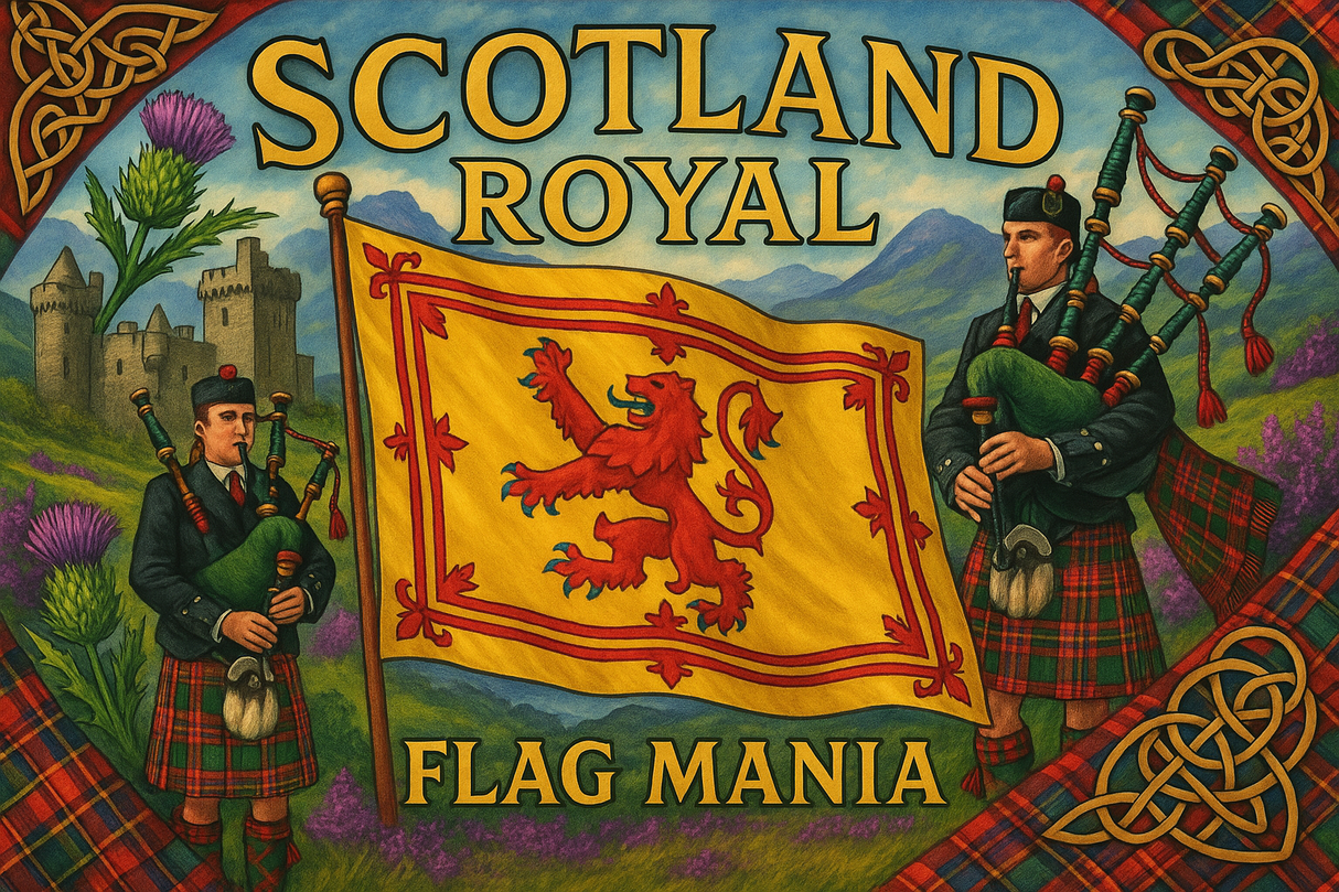 crea un mix di immagini dai colori vivaci che esalti la bandiera SCOTLAND ROYAL con le sue tradizioni e storia Inserisci la bandiera , il nome e aggiungi in piccolo la scritta FLAG MANIA