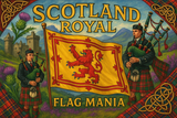crea un mix di immagini dai colori vivaci che esalti la bandiera SCOTLAND ROYAL con le sue tradizioni e storia Inserisci la bandiera , il nome e aggiungi in piccolo la scritta FLAG MANIA