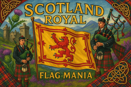 crea un mix di immagini dai colori vivaci che esalti la bandiera SCOTLAND ROYAL con le sue tradizioni e storia Inserisci la bandiera , il nome e aggiungi in piccolo la scritta FLAG MANIA
