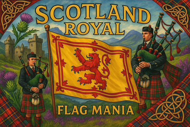 crea un mix di immagini dai colori vivaci che esalti la bandiera SCOTLAND ROYAL con le sue tradizioni e storia Inserisci la bandiera , il nome e aggiungi in piccolo la scritta FLAG MANIA