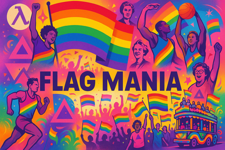 crea un mix di immagini dai colori vivaci che esalti la comunita LGBTQ con le sue tradizioni, storia, eroi sportivi. Inserisci la bandiera e aggiungi la scritta FLAG MANIA