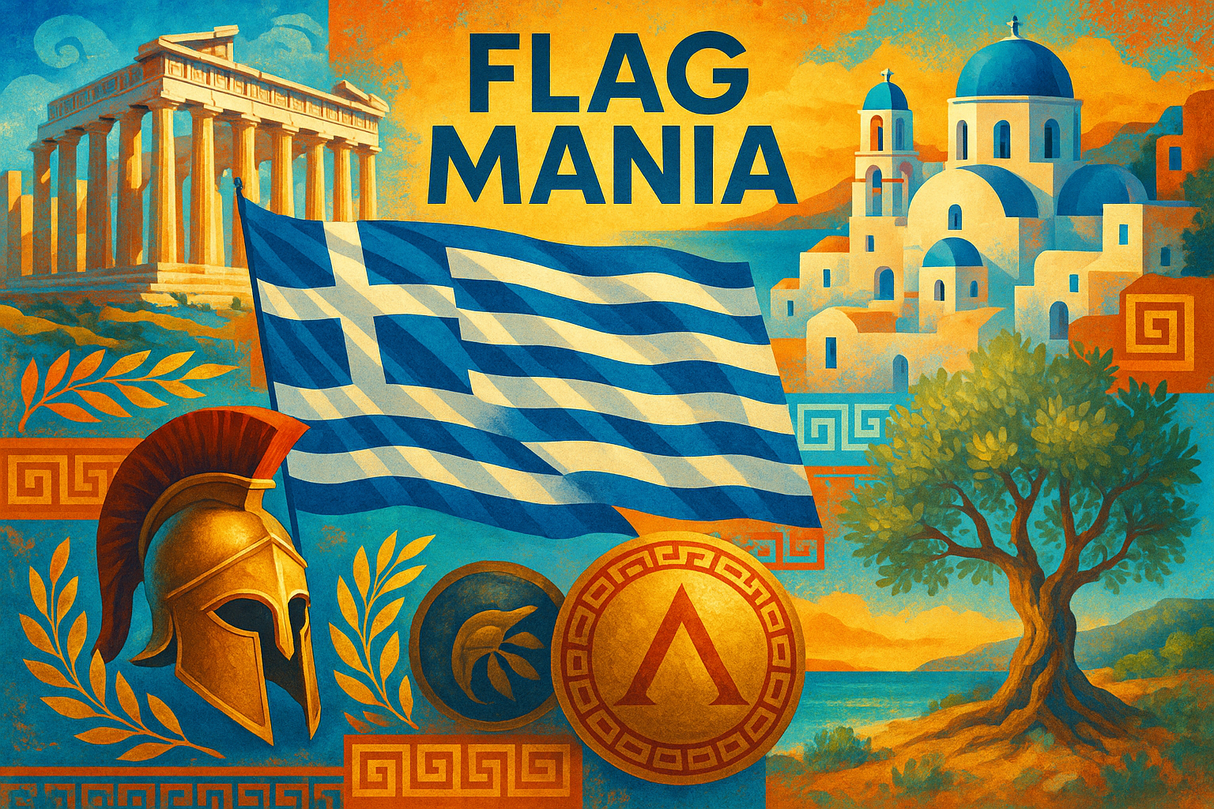 crea un mix di immagini dai colori vivaci che esalti la GRECIA e la sua storia. Inserisci la bandiera e altre immagini e aggiungi la scritta FLAG MANIA