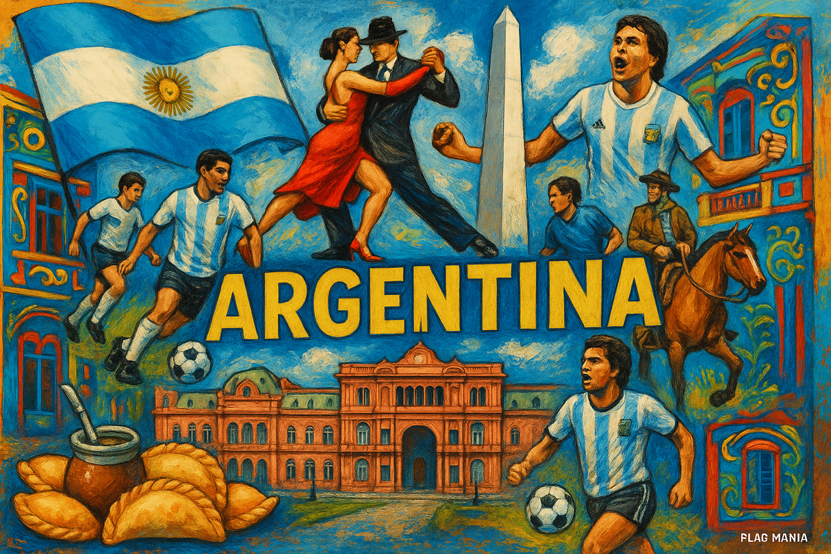 crea un mix di immagini dai colori vivaci che esalti la nazione ARGENTINA con le sue tradizioni, storia, eroi sportivi Inserisci la bandiera , il nome e aggiungi in piccolo la scritta FLAG MANIA